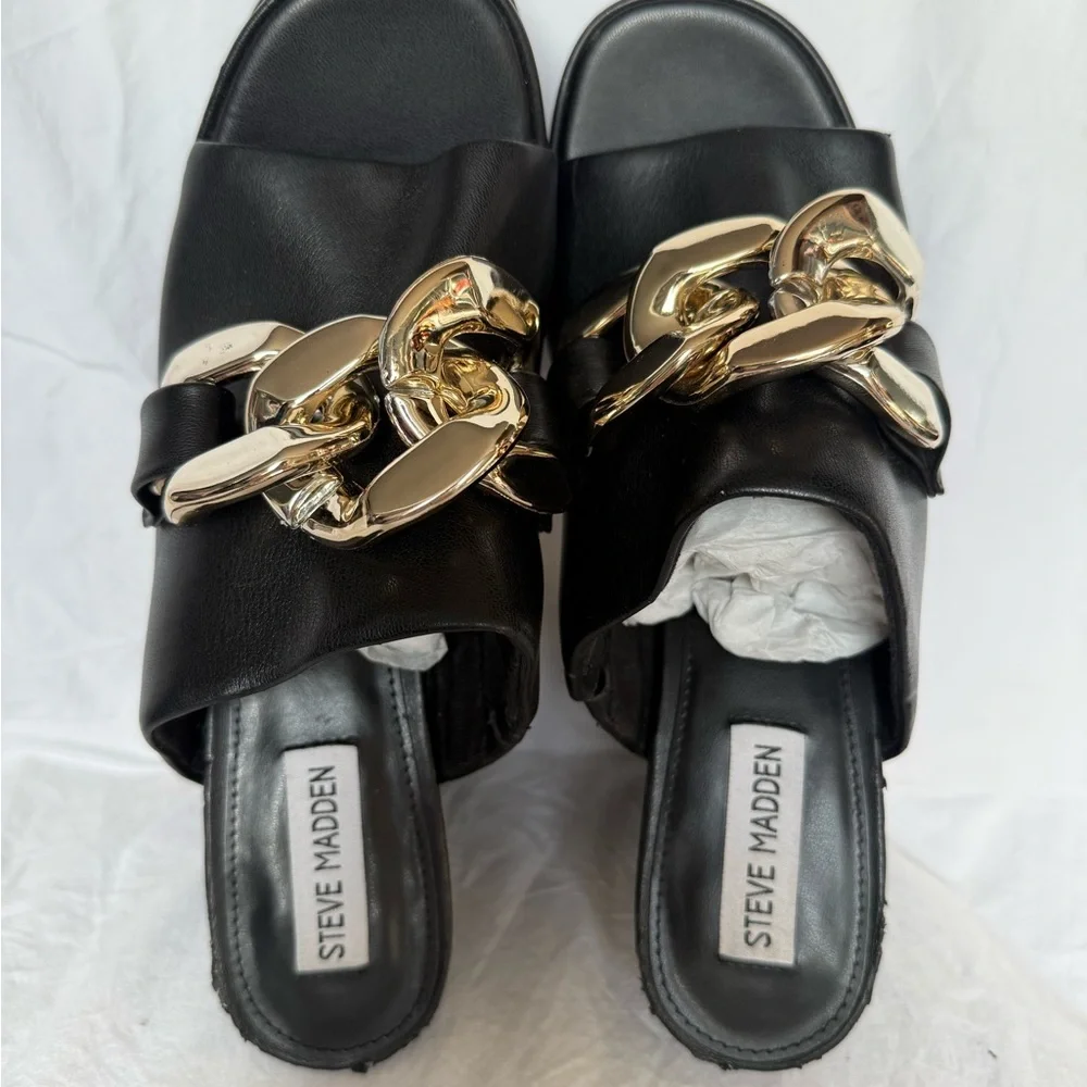 Steve Madden Holdup Black and Gold Chain Loafer Platform Heeled Sandals 9.5 M